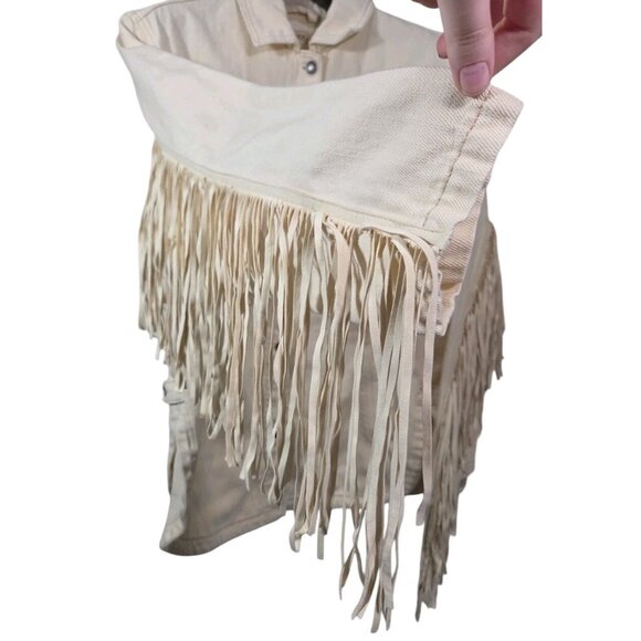We The Free People Fringe Out Denim Jacket Ivory Western Festival Oversized Sz M - Picture 6 of 12
